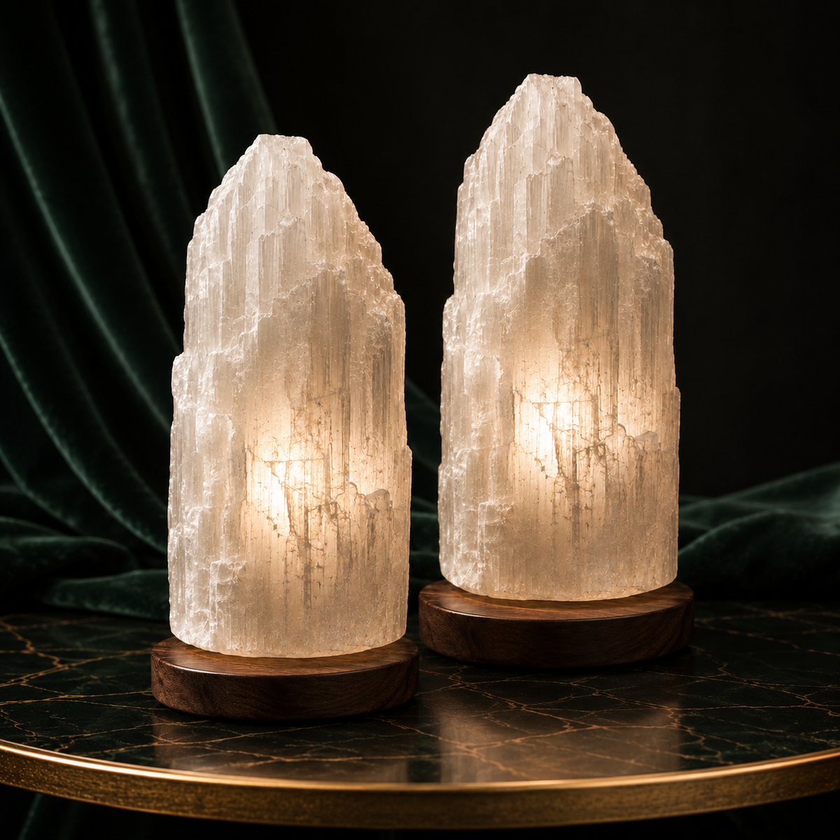 Two lit selenite lamps of different heights standing together on a round gold-rimmed table against dark green velvet.