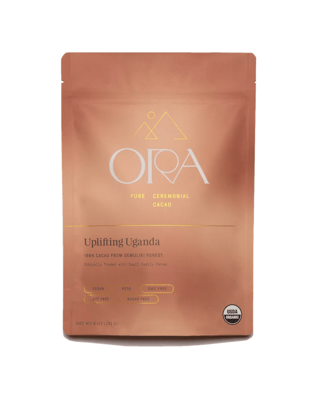 Ora Cacao Uplifting Uganda pure ceremonial cacao shown on a plain neutral background.