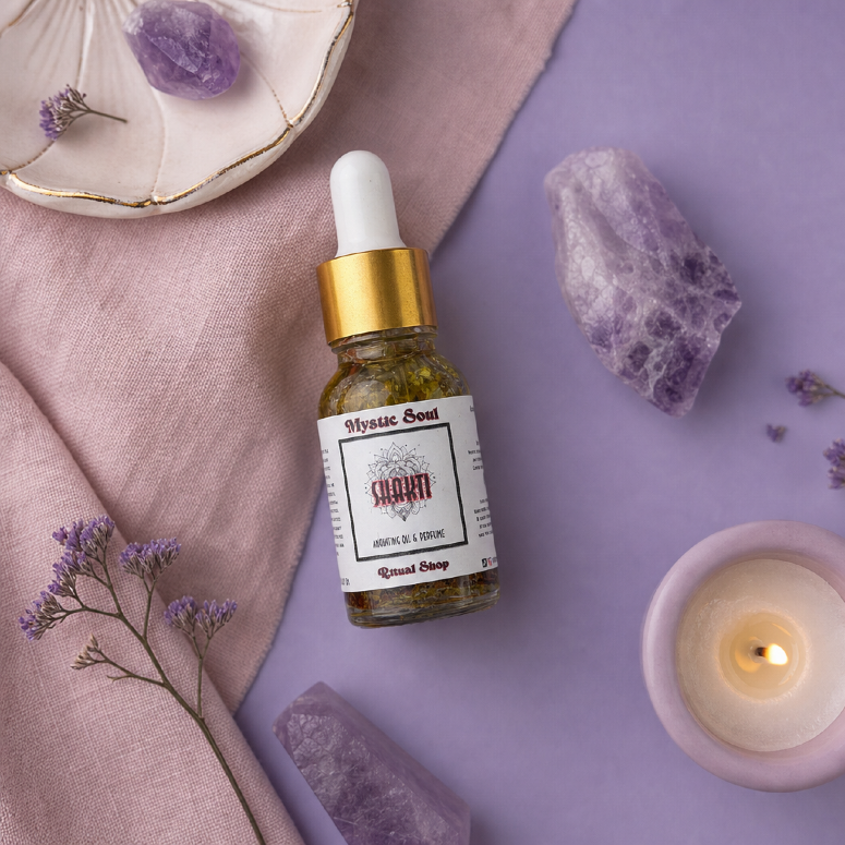 A small glass bottle of Shakti devotional anointing oil.
