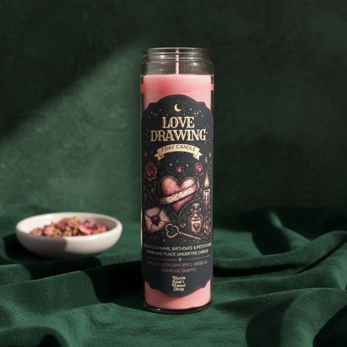 A tall pink seven-day glass jar candle with a Love Drawing label.