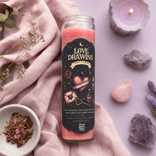 A tall pink seven-day glass jar candle with a Love Drawing label.