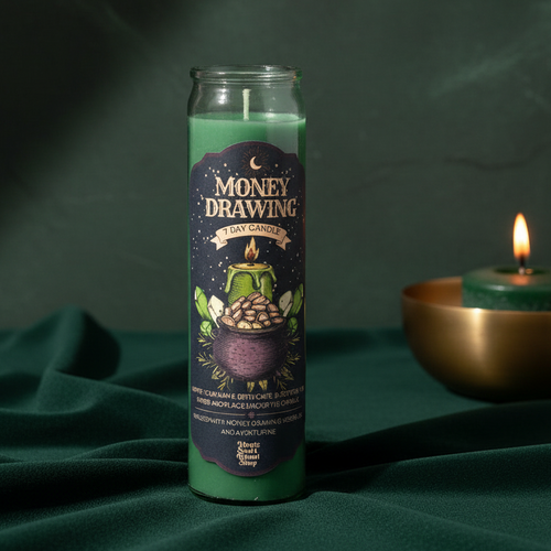 A tall green seven-day glass jar candle with a Money Drawing label.