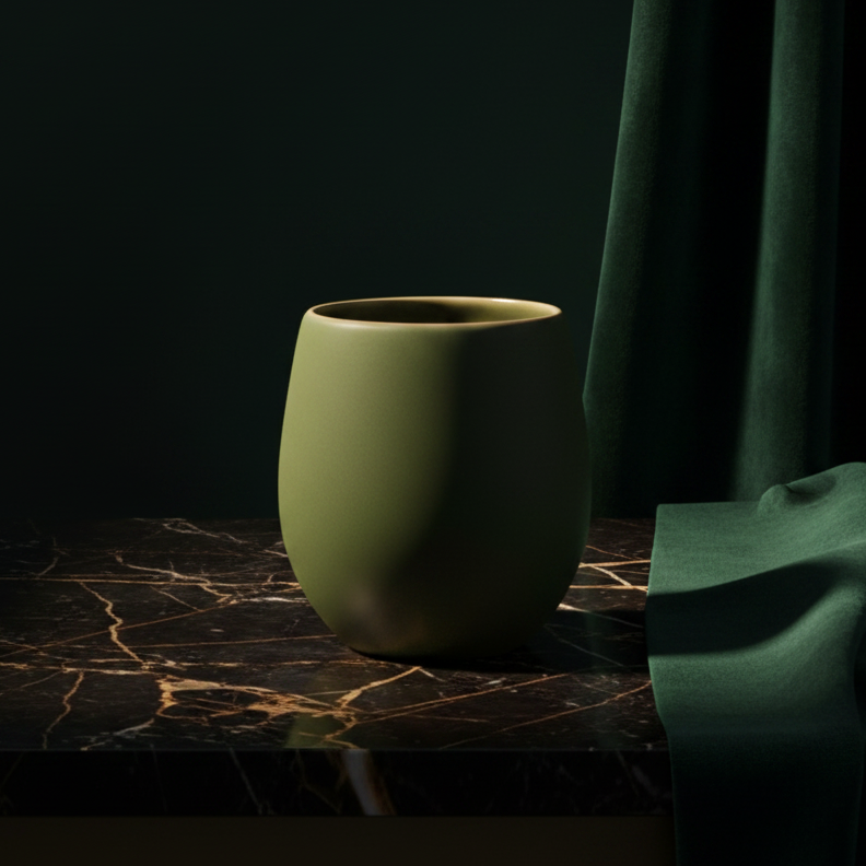 Olive green Epa stoneware cup on dark marble with a green drape