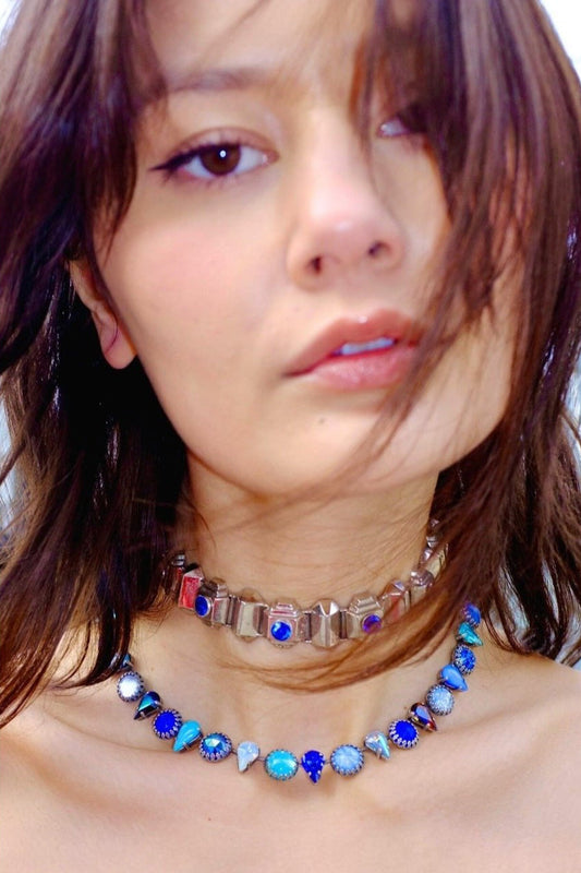 Ocean blue vintage glass layering choker in oxidized silver, front view