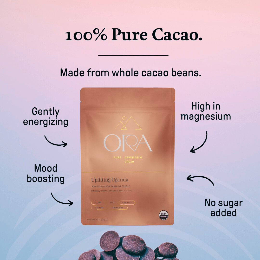 Ora Cacao Uplifting Uganda pure ceremonial cacao arranged in a softly lit lifestyle scene.