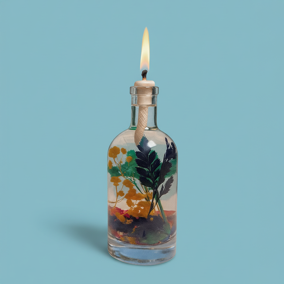 The same Uranus oil candle photographed alone on a plain turquoise background, wick lit, showing the clear bottle and its teal and amber botanicals