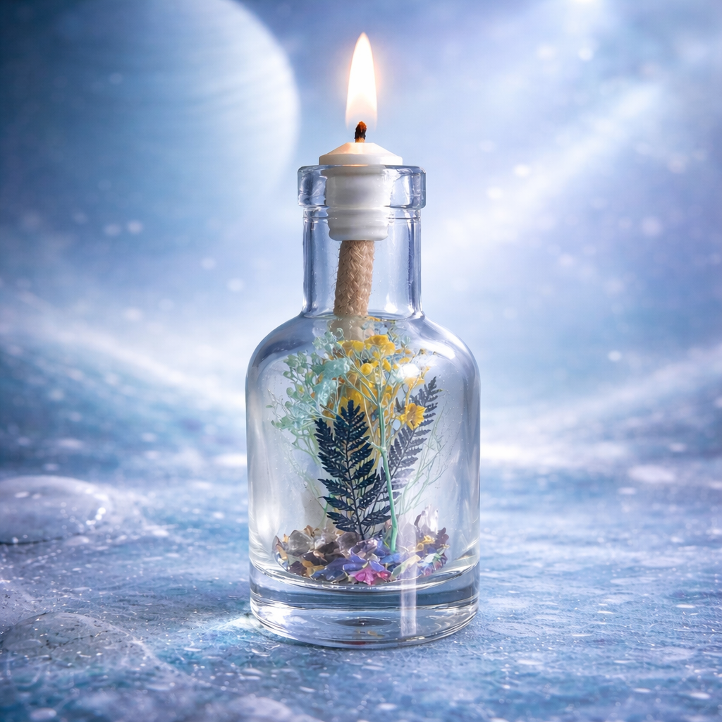 Lit Uranus oil candle: a clear glass bottle of green fern and blue dried flowers with a burning wick, against a pale blue icebound planet backdrop