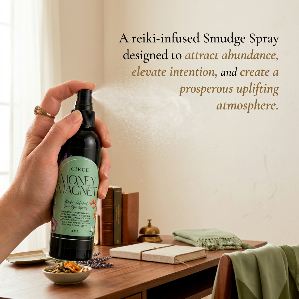 Prosperity smudge spray bottle, a money-drawing ritual mist, shown from another angle