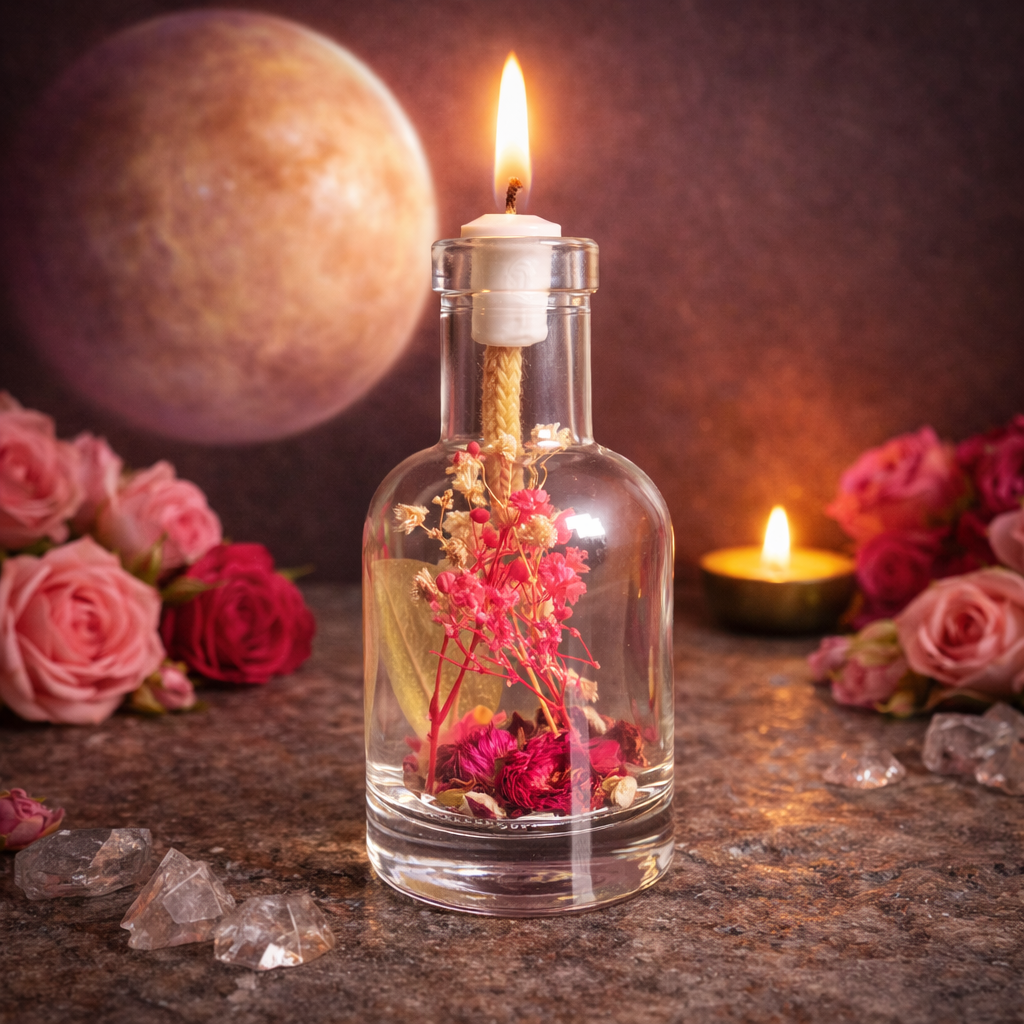 Lit Venus oil candle: a clear glass bottle of pink and red dried flowers with a burning wick, against a soft pink planet backdrop with pink roses, rose quartz and a small brass oil lamp