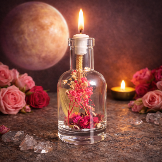 Lit Venus oil candle: a clear glass bottle of pink and red dried flowers with a burning wick, against a soft pink planet backdrop with pink roses, rose quartz and a small brass oil lamp