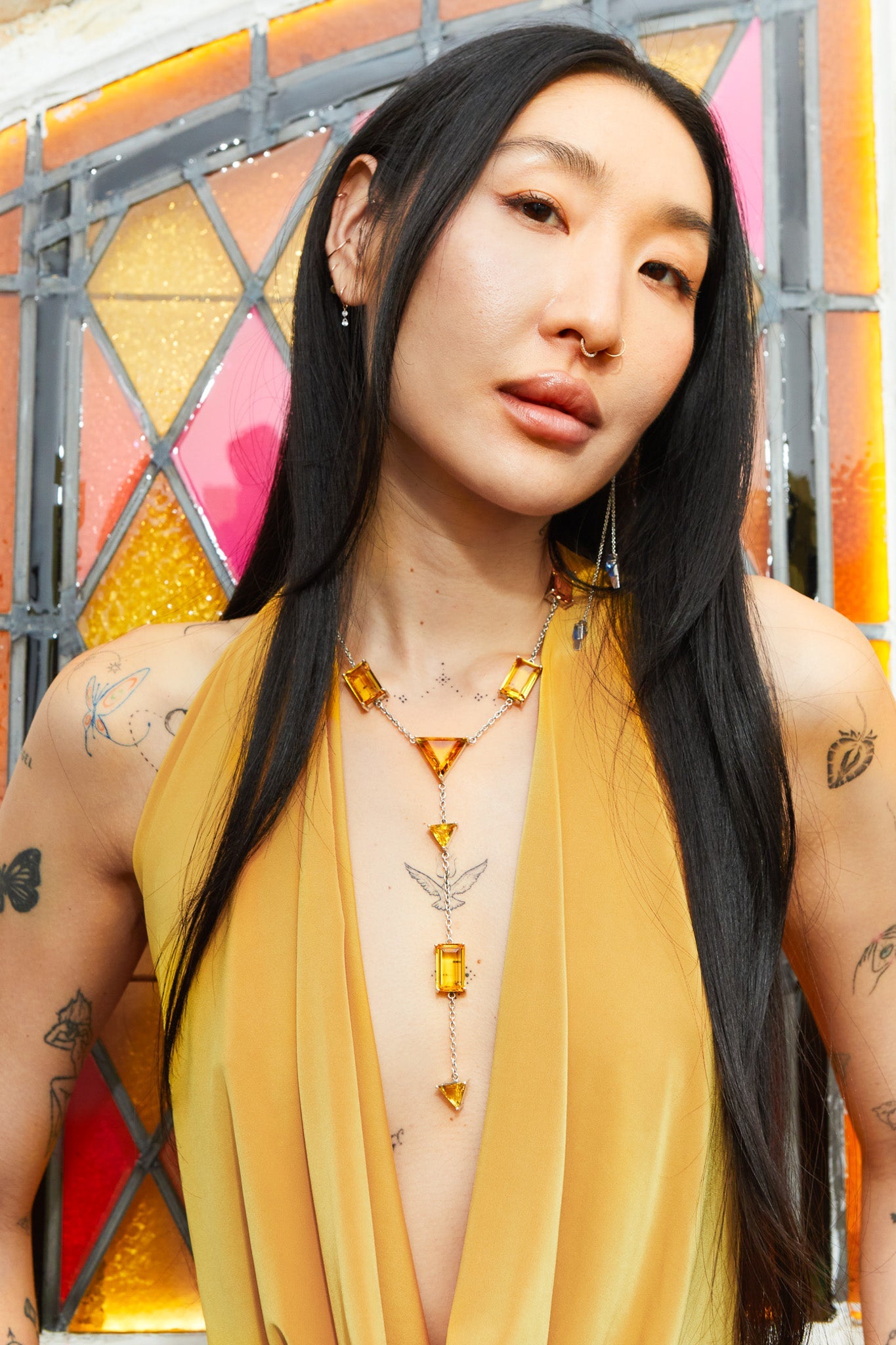 Slink Y-Chain in Golden — thin oxidized silver cable chain strung with luminous golden yellow glass in a Y-drop silhouette — view 2