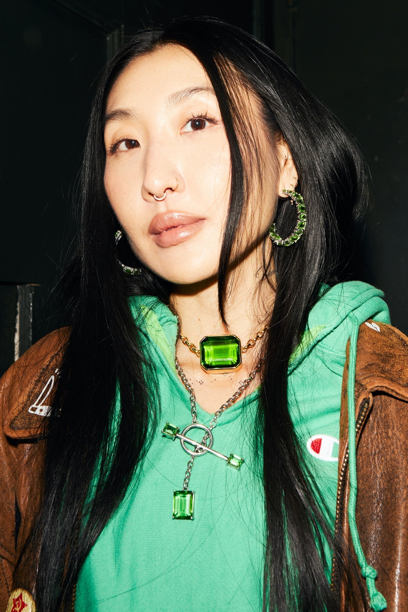 Gem Drop Toggle Necklace in Green Envy — long oxidized silver chain with front toggle closure and a faceted green glass drop — view 3