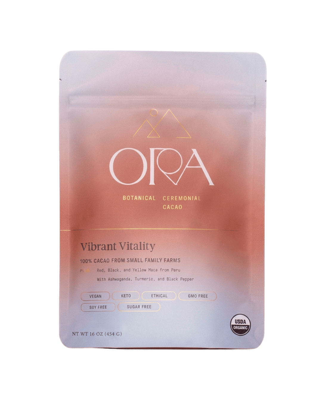 Ora Cacao Vibrant Vitality ceremonial cacao blend shown on a plain neutral background.