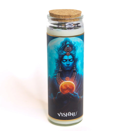 Vishnu crystal altar candle in a clear glass vessel, topped with crystals