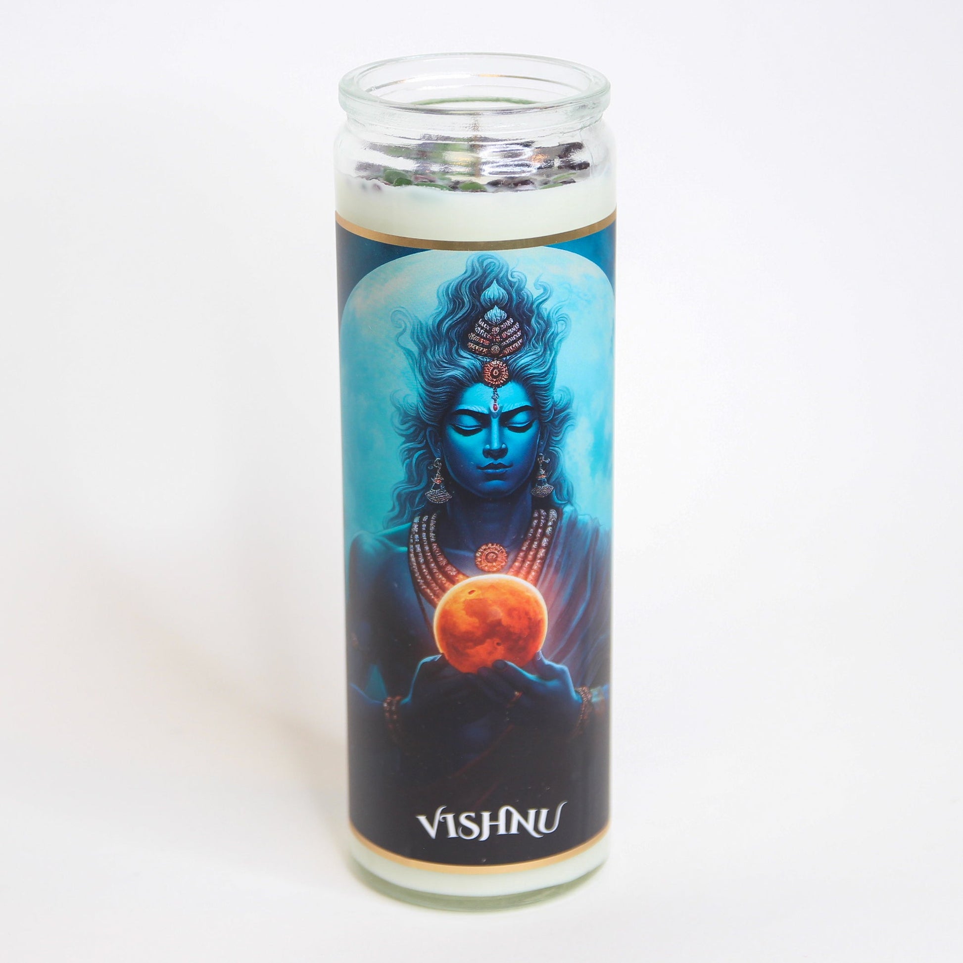 Close-up of the crystals set on top of the Vishnu altar candle