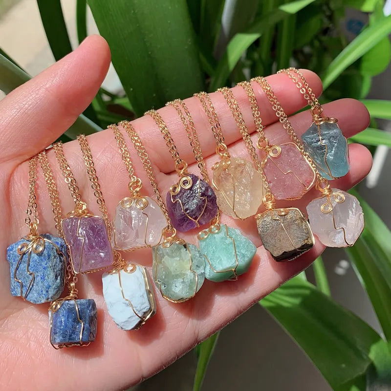 Raw Crystal Wire-Wrapped Necklace — Gold-Plated Chain, 22 Stones