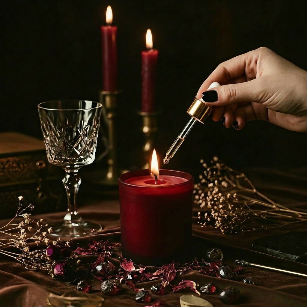 Love Potion ritual body oil in a classic apothecary-style glass bottle, product shown with packaging