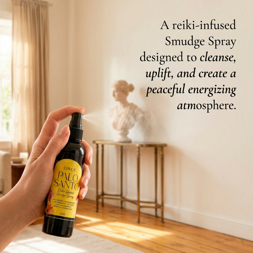 Palo Santo cleansing spray bottle, a smokeless grounding mist, shown in a styled setting