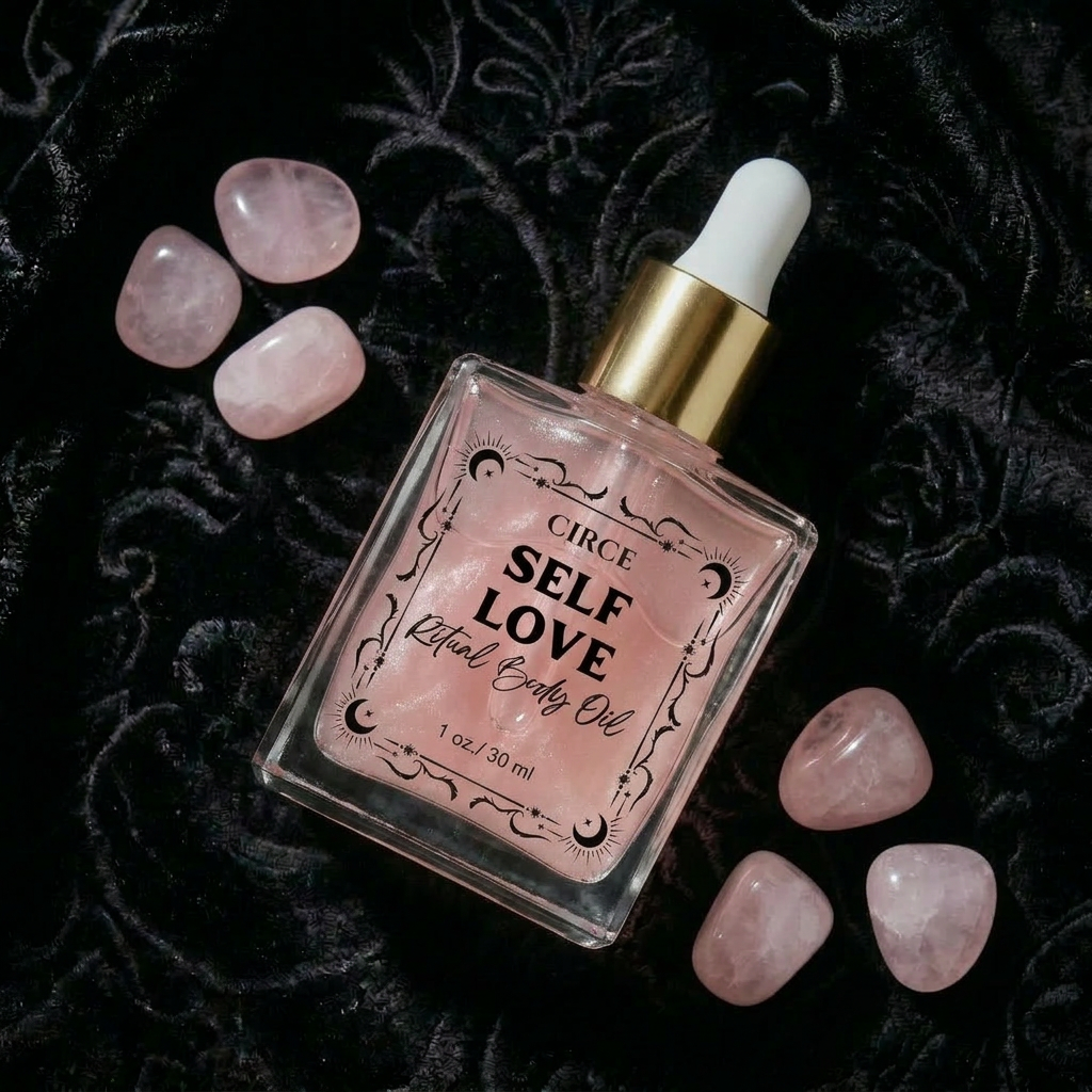 Self Love ritual body oil in an apothecary glass bottle with rose quartz crystals (view 7)