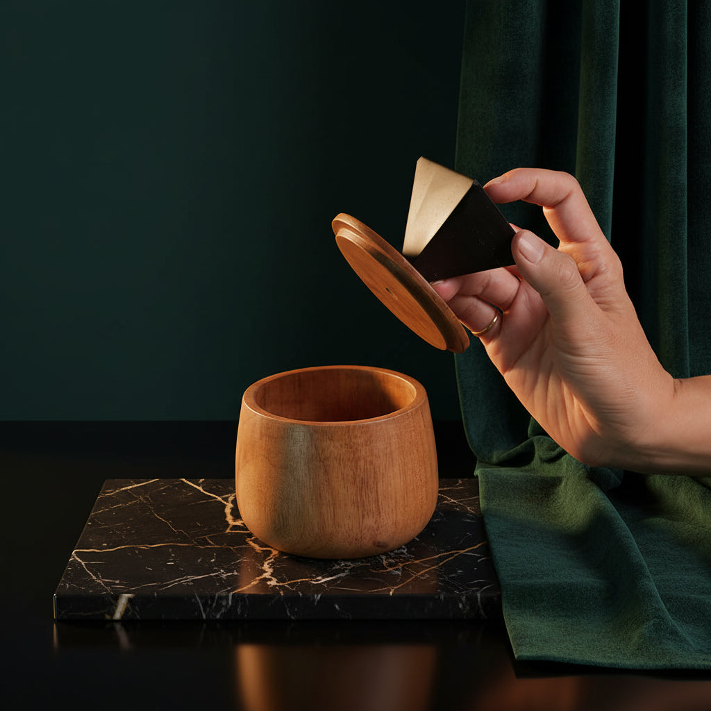 Hand lifting the lid of the round wooden jewel box with its faceted black onyx finial