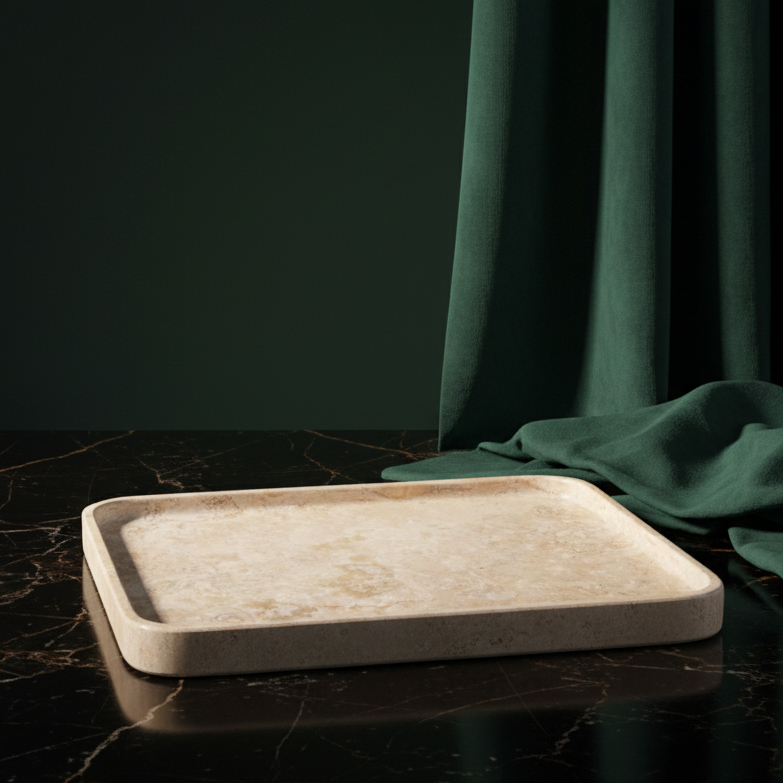 Rectangular travertine marble tray on dark marble against green velvet
