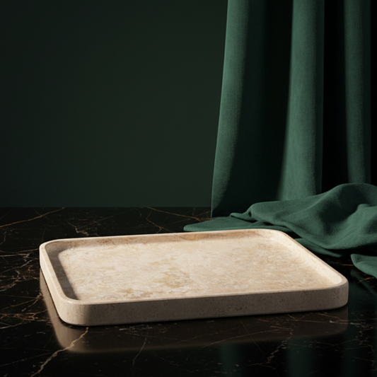 Rectangular travertine marble tray on dark marble against green velvet