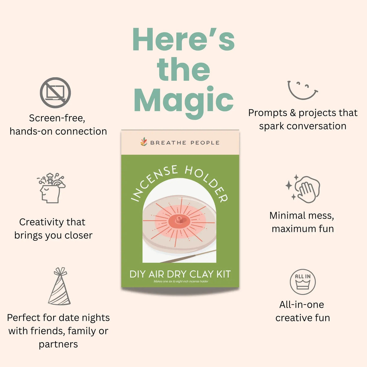Infographic for the air-dry clay kit: screen-free, minimal mess, all-in-one creative project