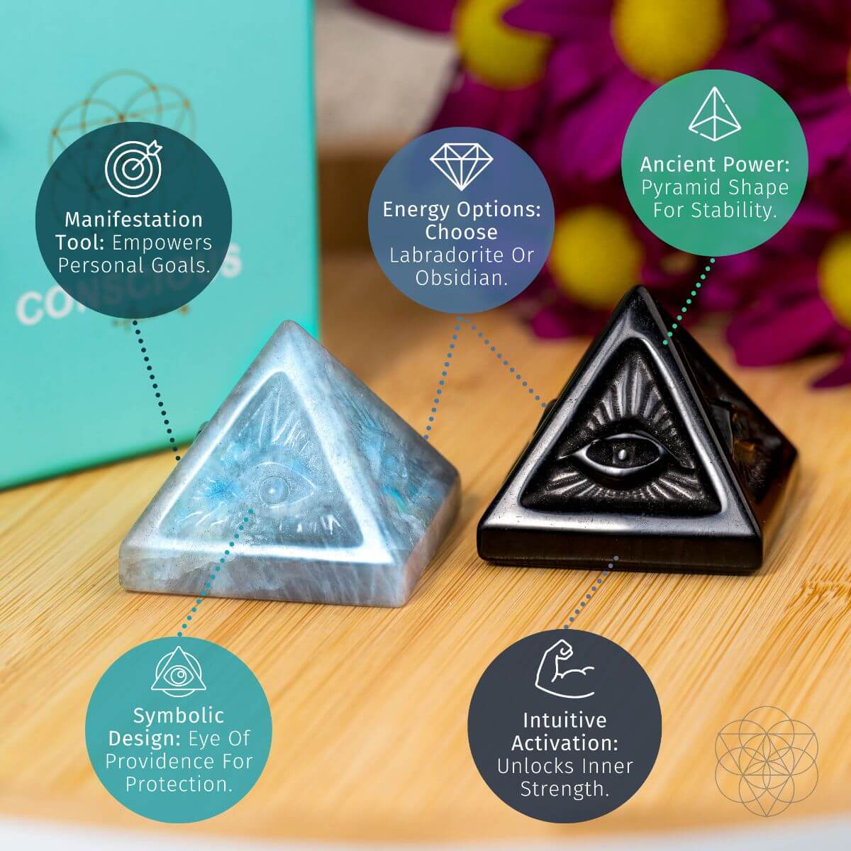 Hand-carved crystal pyramid with the Eye of Providence on each face — view 4