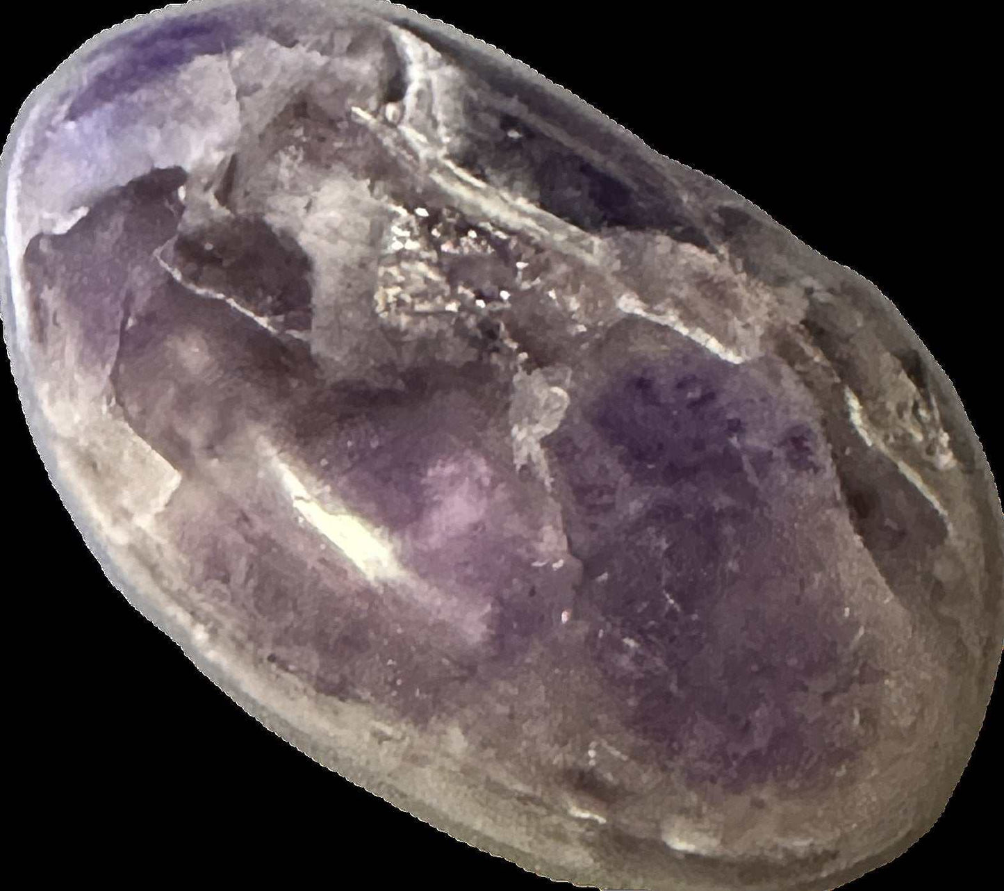 Close view of a purple amethyst palm stone with a rounded, palm-sized shape.