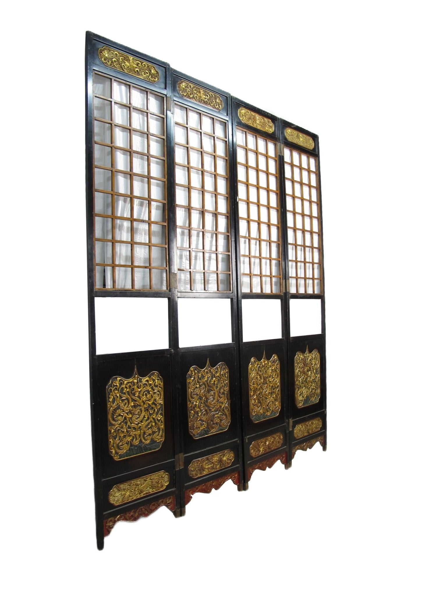 Antique Chinese room divider panel, hand-carved and gilded with dragons on both sides — view 8 of 18
