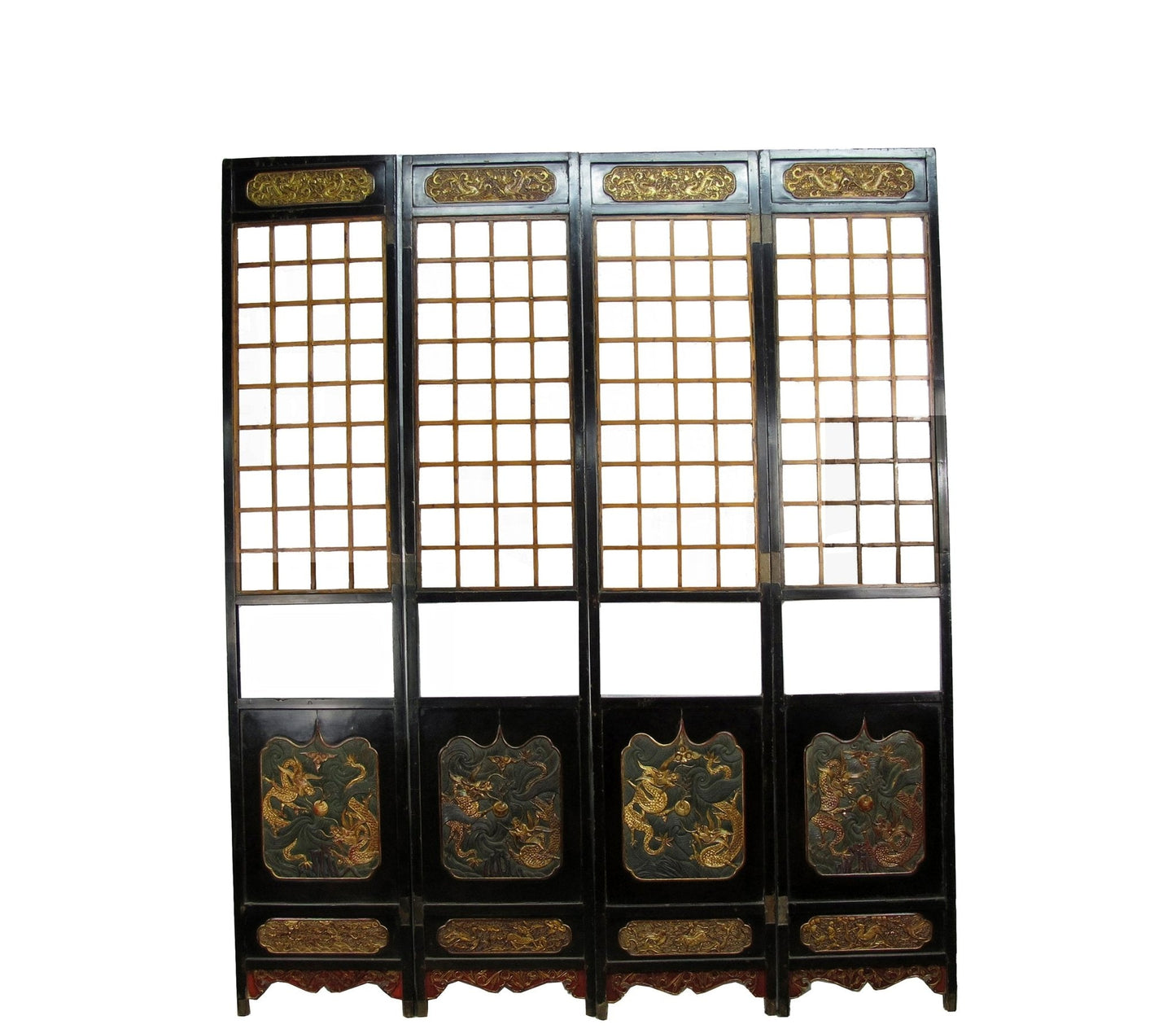 Antique Chinese room divider panel, hand-carved and gilded with dragons on both sides — view 2 of 18