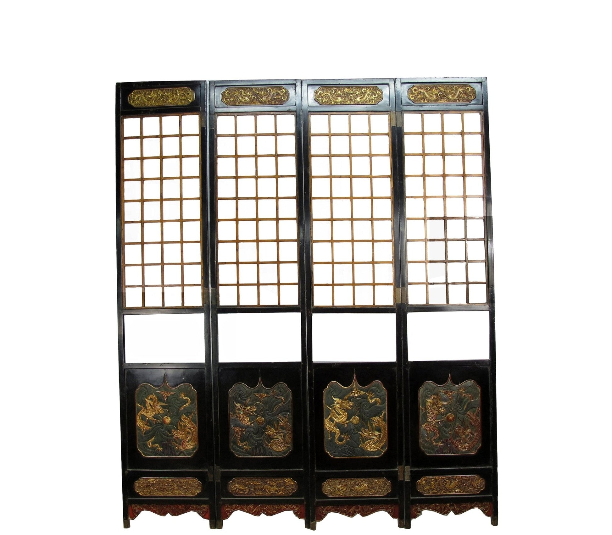 Antique Chinese room divider panel, hand-carved and gilded with dragons on both sides — view 2 of 18
