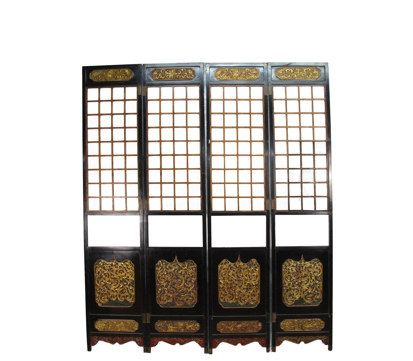 Antique Chinese room divider panel, hand-carved and gilded with dragons on both sides — view 3 of 18