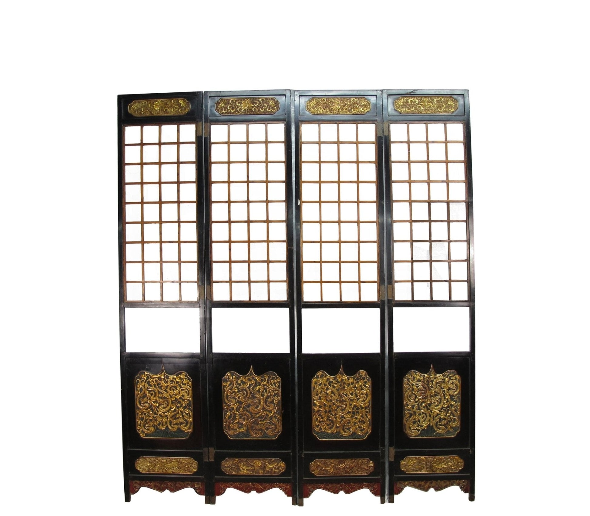 Antique Chinese room divider panel, hand-carved and gilded with dragons on both sides — view 3 of 18