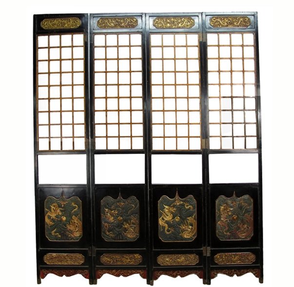 Antique Chinese room divider panel, hand-carved and gilded with dragons on both sides — view 1 of 18