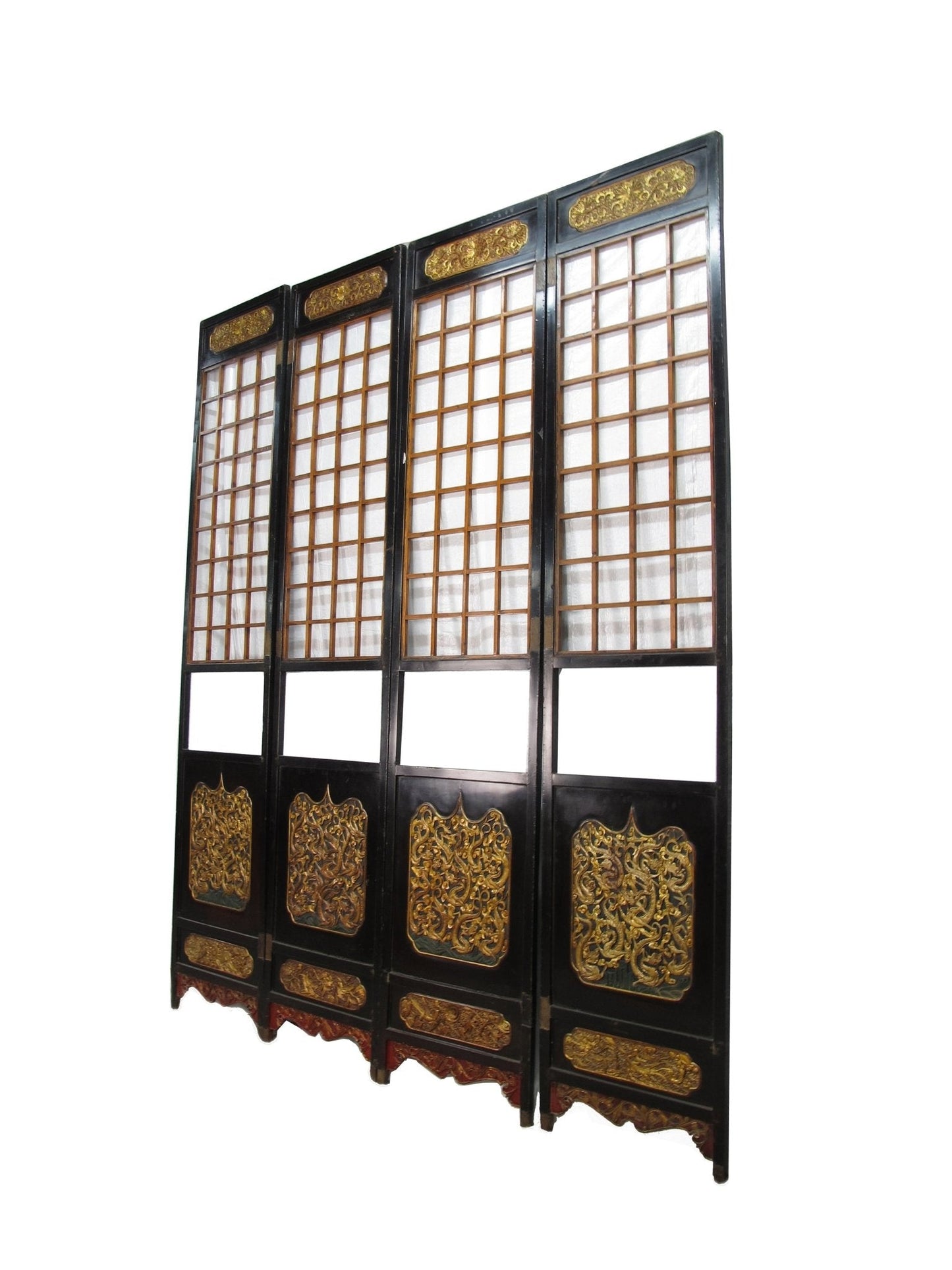 Antique Chinese room divider panel, hand-carved and gilded with dragons on both sides — view 9 of 18