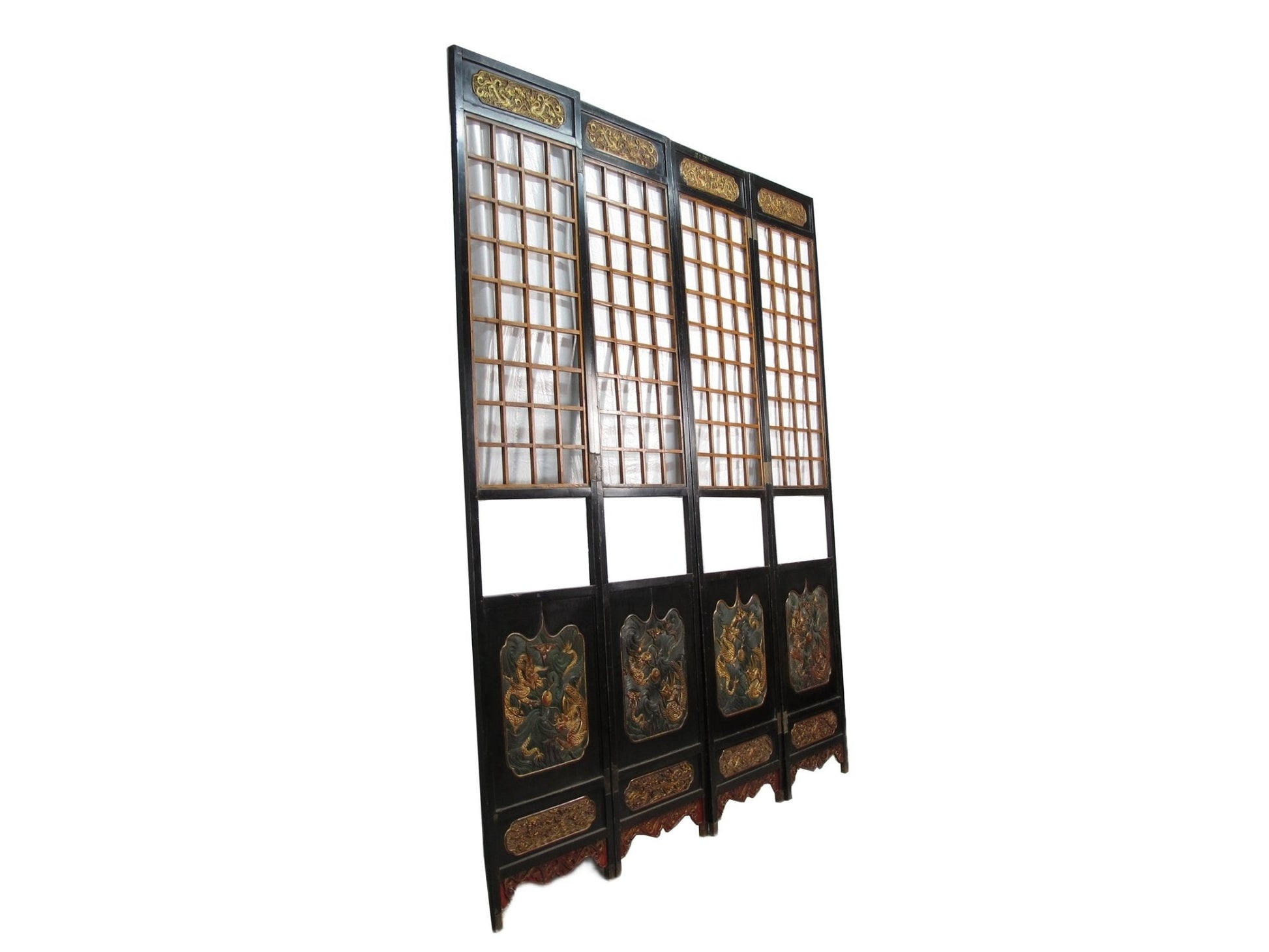 Antique Chinese room divider panel, hand-carved and gilded with dragons on both sides — view 6 of 18
