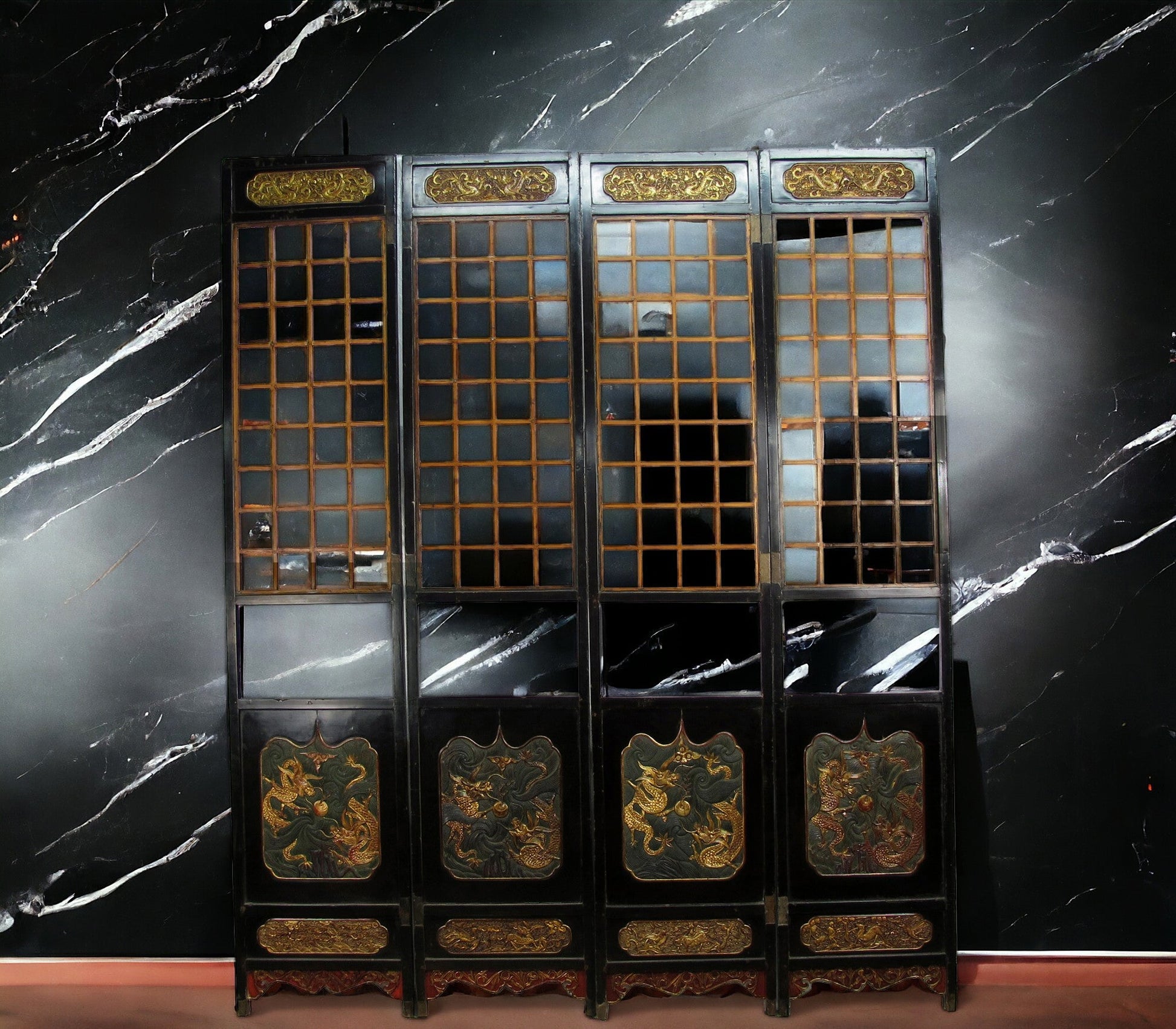 Antique Chinese room divider panel, hand-carved and gilded with dragons on both sides — view 4 of 18