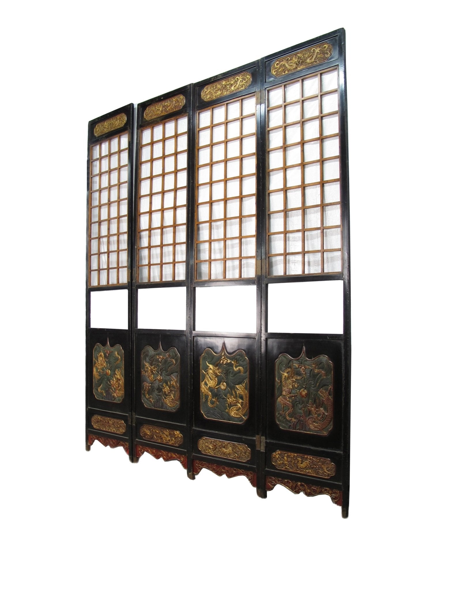 Antique Chinese room divider panel, hand-carved and gilded with dragons on both sides — view 7 of 18