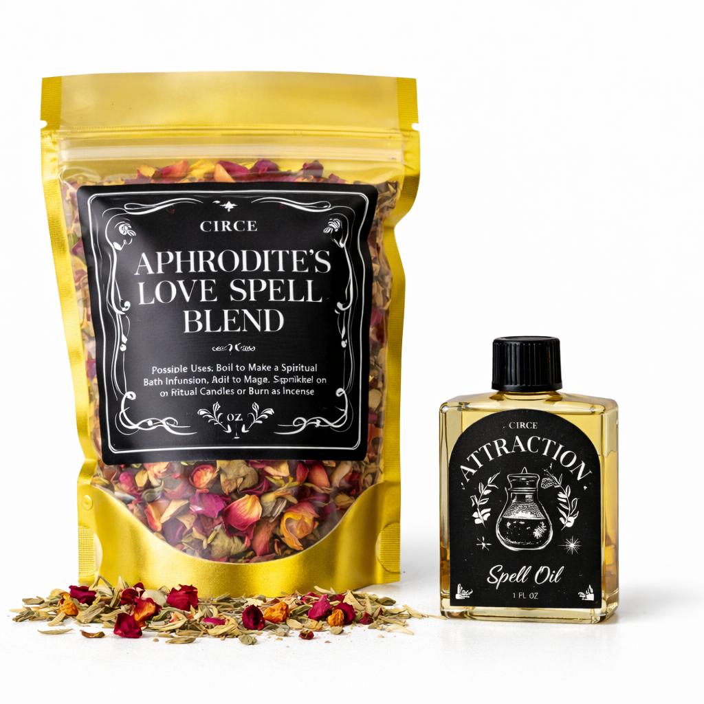 Aphrodite's love spell kit with a herbal blend jar and a half ounce attraction oil bottle, front view