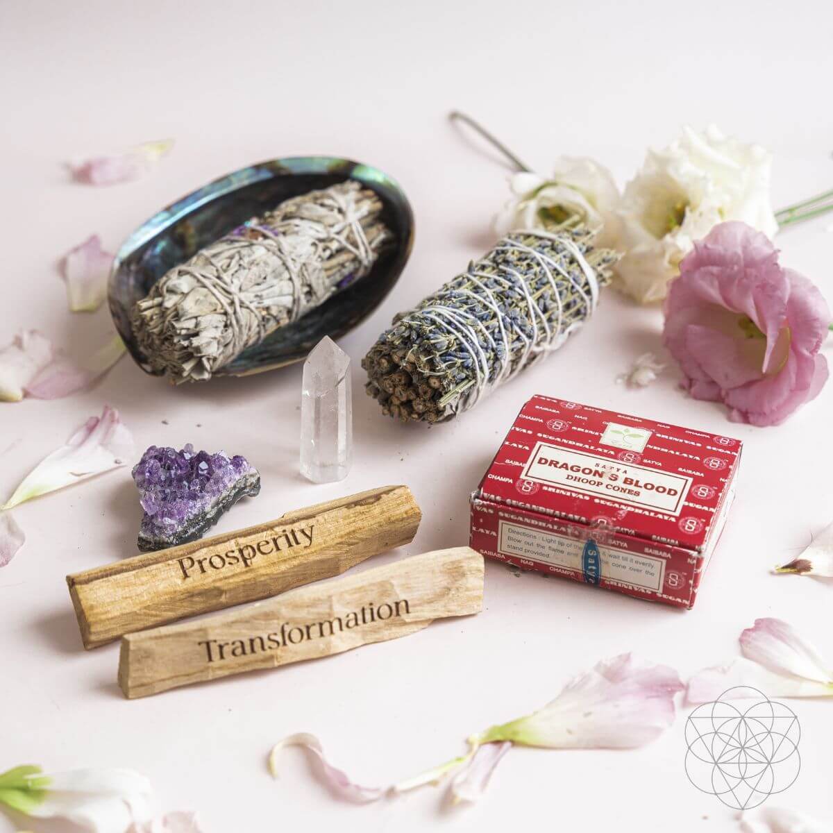 Attract Abundance smudge kit with white sage, lavender, palo santo, abalone shell, dragon’s blood cone and crystals — view 4 of 6