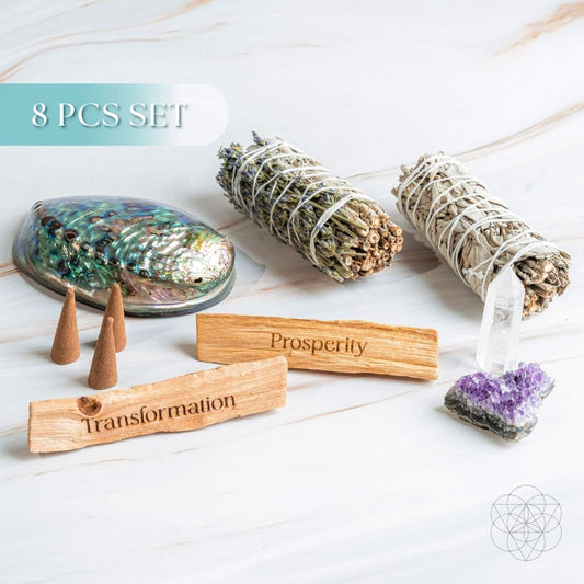 Attract Abundance smudge kit with white sage, lavender, palo santo, abalone shell, dragon’s blood cone and crystals — view 1 of 6