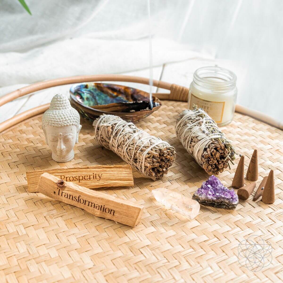 Attract Abundance smudge kit with white sage, lavender, palo santo, abalone shell, dragon’s blood cone and crystals — view 5 of 6