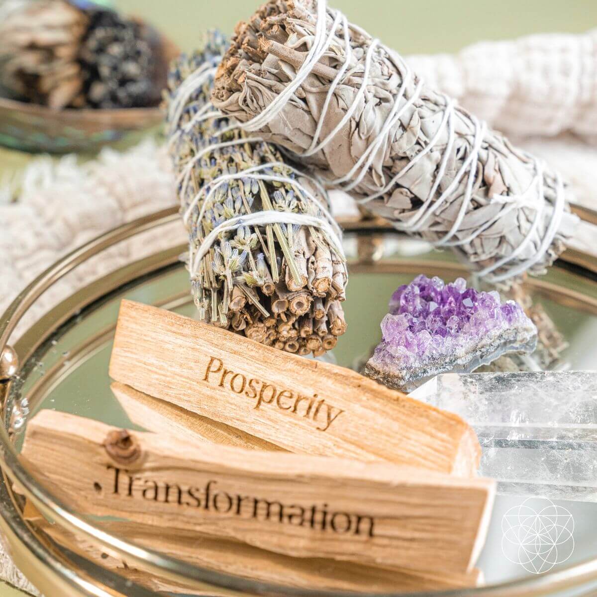 Attract Abundance smudge kit with white sage, lavender, palo santo, abalone shell, dragon’s blood cone and crystals — view 3 of 6
