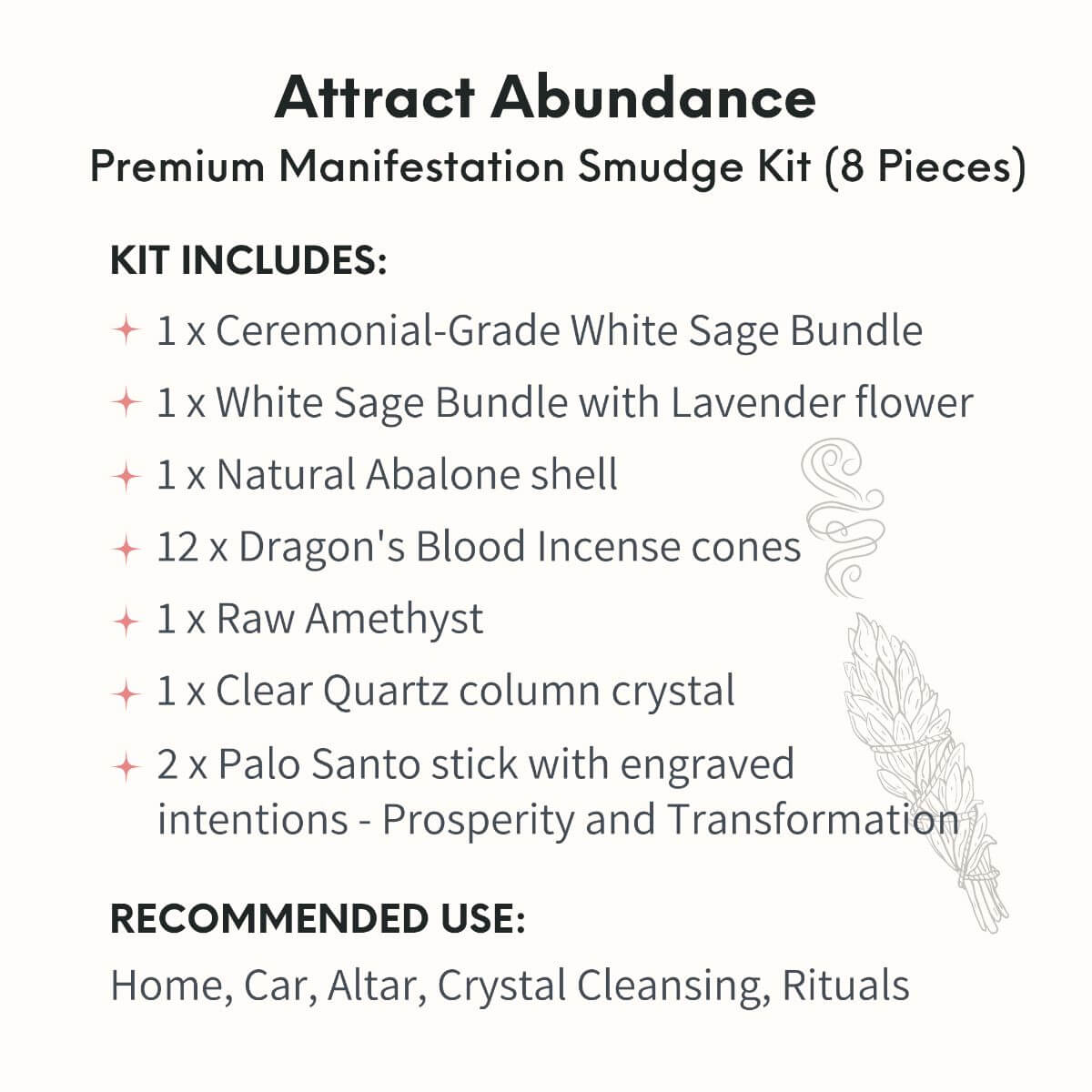 Attract Abundance smudge kit with white sage, lavender, palo santo, abalone shell, dragon’s blood cone and crystals — view 6 of 6
