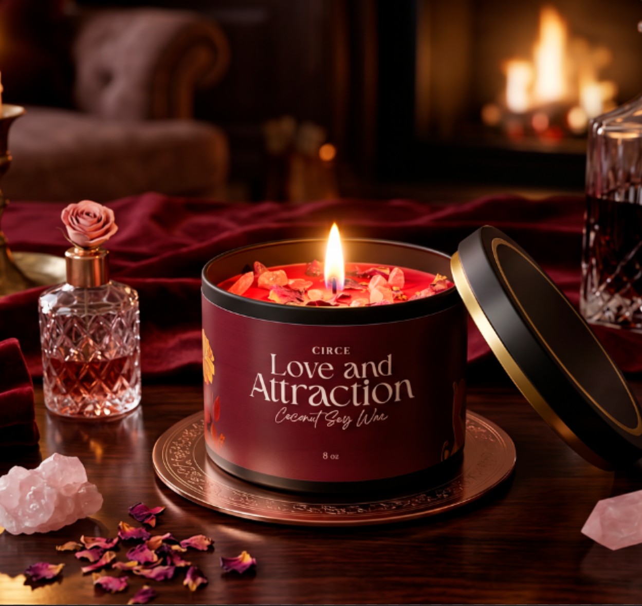 Love and Attraction ritual candle in an 8 oz jar with rose petals and strawberry quartz (view 2)
