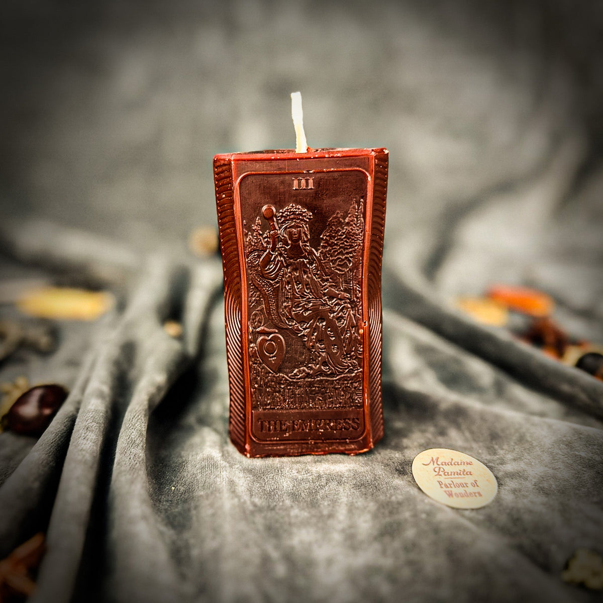 Reddish brown beeswax The Empress tarot card candle, the garden relief clearly molded