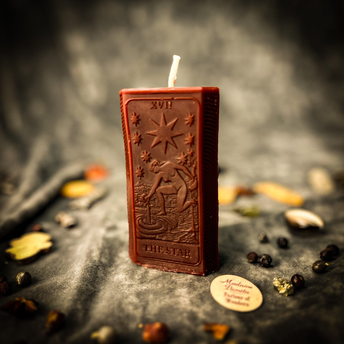 Reddish brown beeswax The Star tarot card candle standing among scattered dried botanicals
