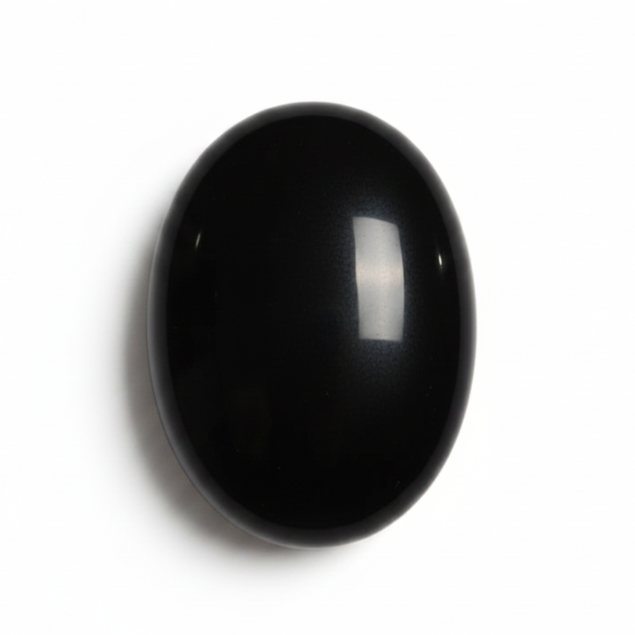 Smooth black obsidian comfort stone with a glossy reflective surface