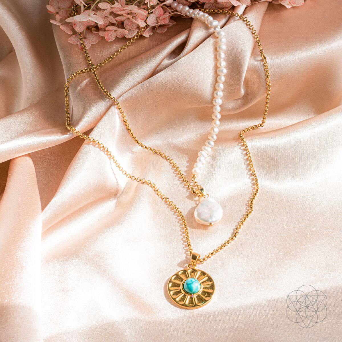 Turquoise and freshwater pearl layered necklace set in a blue and cream palette — view 2 of 7